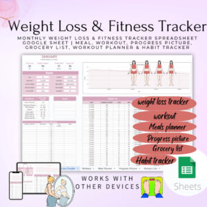 Weight Loss & Fitness Tracker Spreadsheet Google Sheet|workout planner|habit planner|digital download only Digital Weight Loss & Fitness Tracker. Take control of your wellness goals with features designed for success. Easily log meals, workouts, and activities, while our intelligent platform calculates your progress in real-time. Set and achieve personalized weight loss targets, track body measurements, and visualize your fitness evolution with precision charts and graphs. Features: -Goals Overview Dashboard -Workout Tracker -Meal Planner -Progress Pictures -Grocery List -Habit Tracker. How it works 1. To access Google Sheets, all you need is a Google account. If you already have a Gmail account or use other Google services such as Google Drive or Google Docs, you can access Google Sheets using the same login credentials. Once you are logged in, you can simply navigate to the Google Sheets homepage and start editing the spreadsheets. 2.A link will be available after your purchase. 3. Once you open the sheets: - Go to File Menu (Upper left side of the screen). - Select "Make a Copy". - Choose a location for the copy: After clicking "Make a copy," a window will appear asking you to give the new sheet a name and choose where to save it. -Once you have given the new sheet a name and selected a location for it, click "OK" to make the copy. Google Sheets will create a duplicate of the selected sheet and save it in the location you specified. 4. It can also be accessed in Excel, but some of the tables, charts and formulas may not work. If you wish to access it via Excel, click the 'File' option then click 'Download Microsoft Excel'. Then you're good to go! 1. Purchase (Instant Download) 2. Download the ZIP file (Access the Template) 3. Open the Spreadsheet (Start Planning!) SOME THINGS TO NOTE: • This is a digital download. No physical items will be sent after purchase. • Due to the digital nature of the product, all sales are final and no refunds will be issued. If you have any questions, please do not hesitate to get in contact with me before purchasing the product.